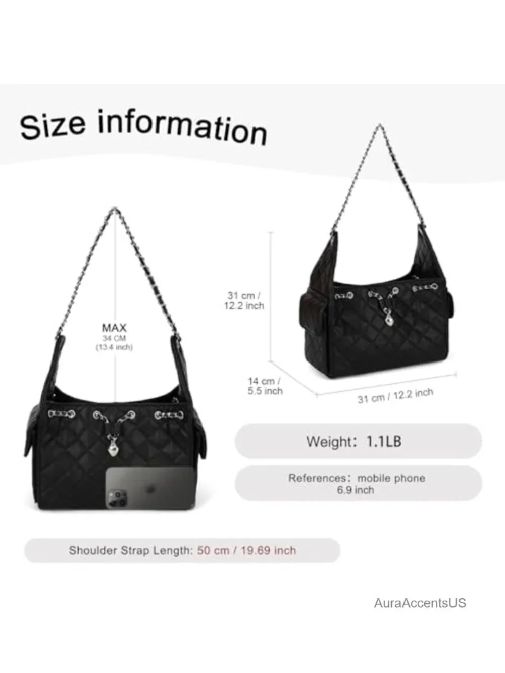 Quilted Vegan Leather Hobo Purse with Chain Strap Magnetic Closure